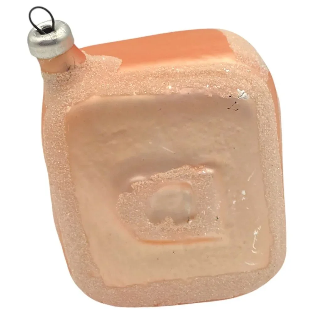Vintage Peach Frosted Glass Baby Block Ornament With Embossed Letters & Glitter‎